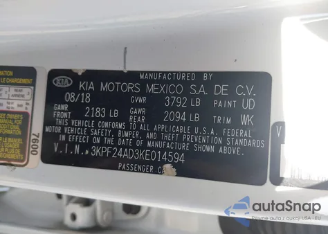 2019 Kia Forte Fe z USA, uszkodzony, nr VIN 3KPF24AD3KE014594